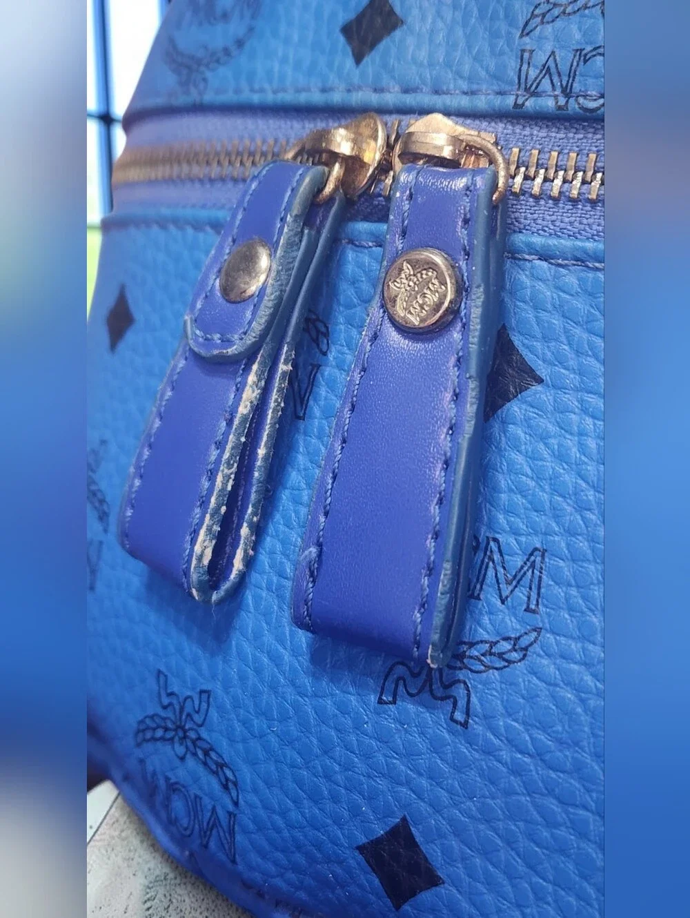 MCM Stark Studded Backpack In Vibrant Blue Visetos Coated Canvas